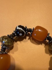VTG 3 Bakelite Butterscotch Beads Bracelet / B&W artisan beads / metal spacers