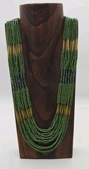 Green Yellow Beaded long Necklace Gold tone Layered 18 Row Scalloped Vtg 32 in