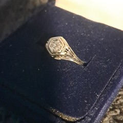 Vintage Style Silver Tone Ring Hexagon Setting with Clear Stone Filigree Detail