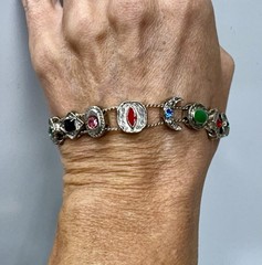 VTG Victorian Revival Slider Charm Bracelet Silvertone Rhinestones Enamel 7 1/4″