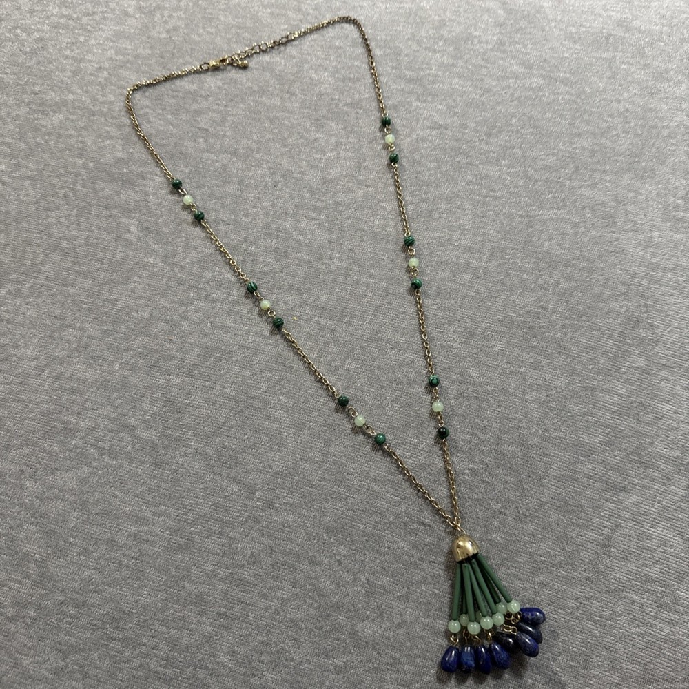 VTG Long Y Site Lariat Glass Beaded Faux Jade Lapis Necklace Gold Tone Fringe