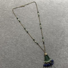 VTG Long Y Site Lariat Glass Beaded Faux Jade Lapis Necklace Gold Tone Fringe