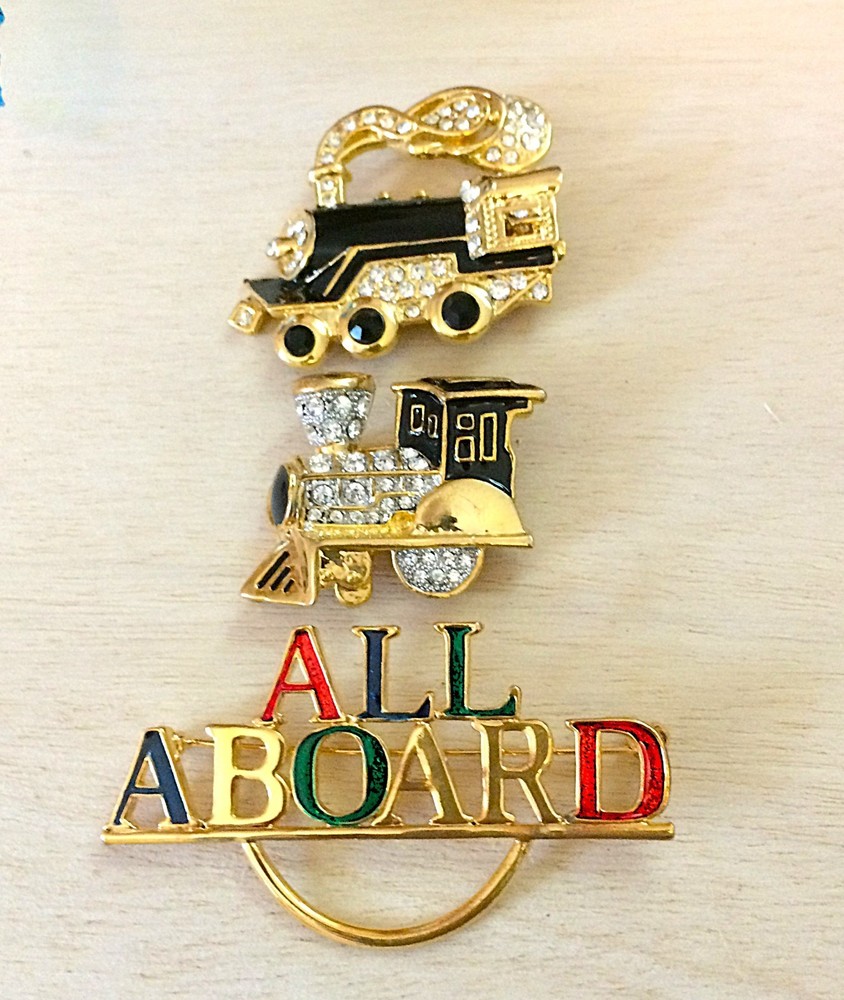 Vintage NOS Train Brooch 3pc Lot – Enamel Locomotive Engines All Aboard Pins Set
