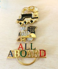 Vintage NOS Train Brooch 3pc Lot – Enamel Locomotive Engines All Aboard Pins Set