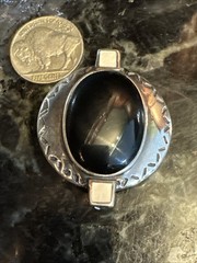 Vntg 925 Sterling Silver Black Onyx Mother of Pearl Brooch Pin Pendant 1 5/8″
