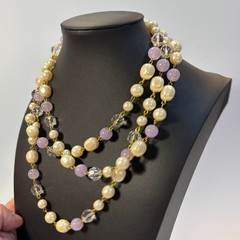 Pearl Necklace Gold Tone Purple Maximalist Multi Strand Regency Core