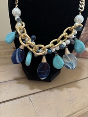 Vintage Statement Necklace Goldtone W Glass, Stones, Acrylic & Faux Pearls