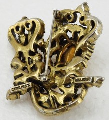 1953 HOLLYCRAFT Rhinestone Floral Brooch Faux Golden Topaz & Pearls Signed Dated