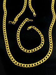 Gold Tone Cuban Chain Necklace Bracelet Set Highly Polished New Old Stock 28 in