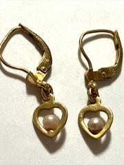Vintage Gold Precious Metal W Germany Open Heart Pearl Dingle Earrings Signed FB