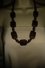 LARGE DARK BROWN SQUARE WOOD BEADS STRUNG ON CORD BOHO NECKLACE #195B