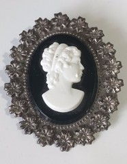 Vintage Celluloid Black, White & Silver Floral Cameo Portrait Brooch