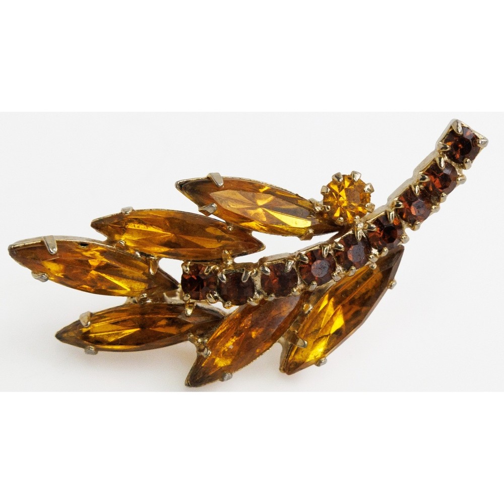1960s Leaf Brooch Rhinestones Gold Metal Autumn Colors Fall Jewelry Vintage Pin