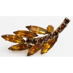 1960s Leaf Brooch Rhinestones Gold Metal Autumn Colors Fall Jewelry Vintage Pin