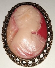 Vintage Gold Tone Cameo White Burgundy Background Brooch 2″ (#2)
