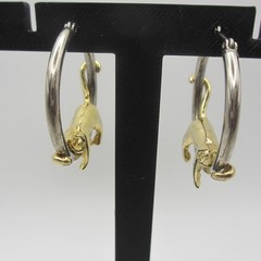 Vintage Figural Earrings Gold Tone Cat Silver Tone Hoop For Pierced Ears