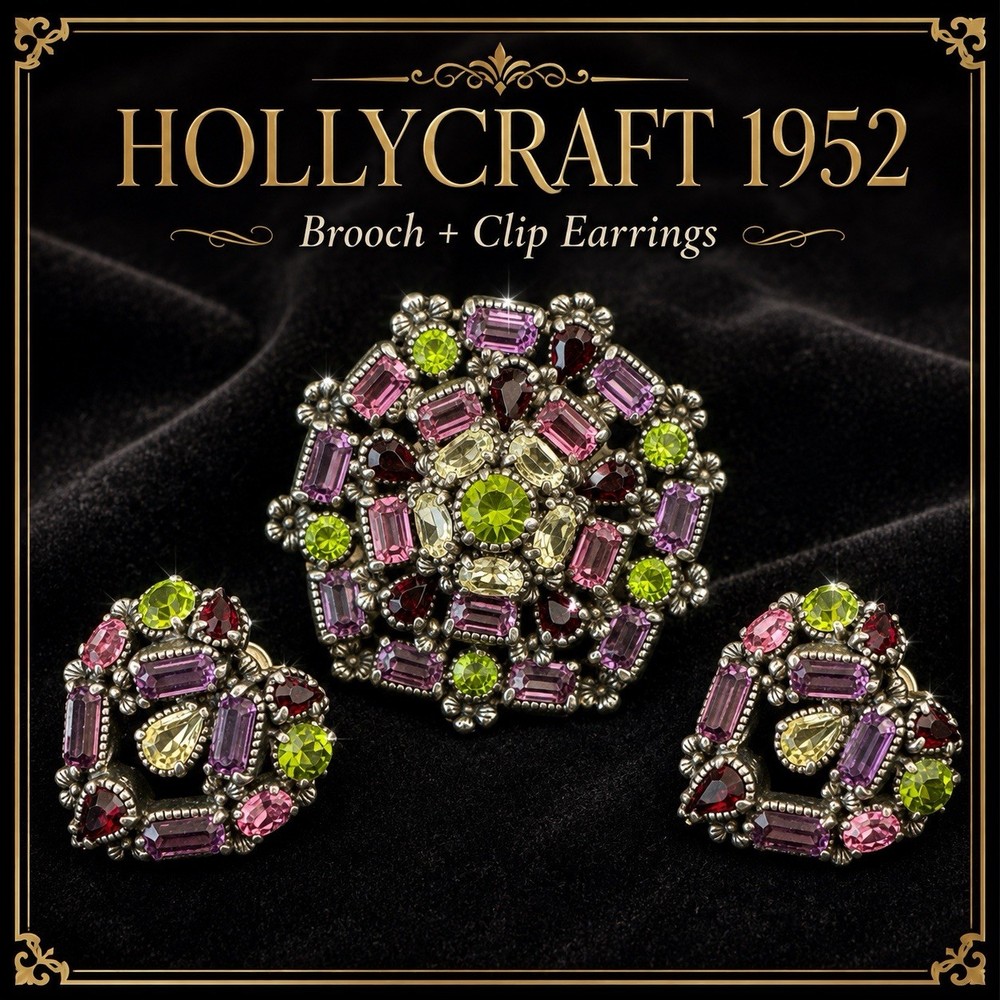 Hollycraft 1954 Pastel Rhinestone Brooch & Earring Set L~010