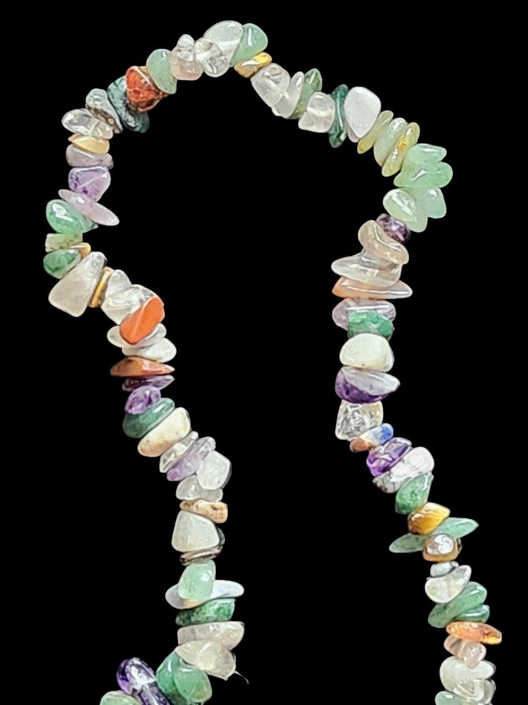 Multicolor Mixed Gemstone Chip Necklace 17″ Long Layering Shiney Colorful Stone