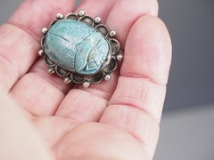 Antique brooch pin Egyptian scarab silver & ceramic jewelry signed in two places