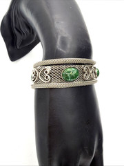 Vintage Silver Tone Filigree Mesh Bracelet Green Cabochon Stones Ornate Design