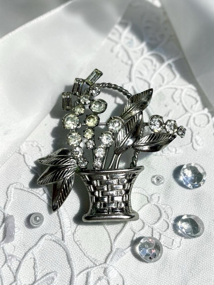 Vintage Carl Art 925 Sterling Silver Flower Basket Rhinestone Pin Brooch 2”