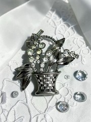 Vintage Carl Art 925 Sterling Silver Flower Basket Rhinestone Pin Brooch 2”