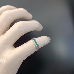 Vintage Silver Turquoise Inlay Ring Modernist Thin Band Signet Mexico Mosaic 925