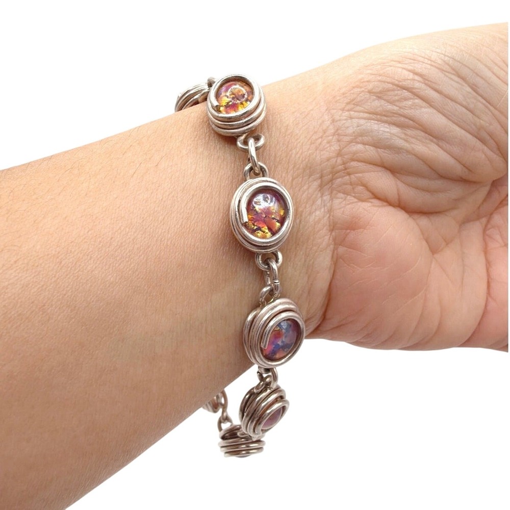 Sterling Silver Wired Bracelet and Colorful Glass Stones 7”