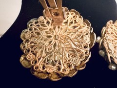 Vintage Miriam Haskell Brass Filigree Faux Pearl Clip On Earrings Mid Century