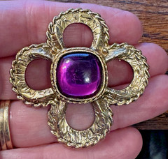 Vintage Gold Tone Purple Cabochon Brooch Ornate Quatrefoil Statement Pin 2.25in