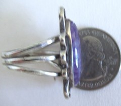 LONG HANDMADE SOUTHWEST SIZE 5.25 STERLING RING w AMETHYST, 7 GRAMS, 1 1/4″ LONG