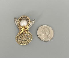 Vintage Gold & Silver Tone Metal Angel Brooch Faux Pearl Open Cut Details 1.75”