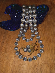 Mid-Century 2-Piece Set Grey Silk Wrapped Bead Necklace & Filigree Berry Brooch