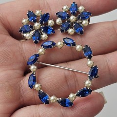 Vintage B. David Brooch & Clip Earrings Set Blue Navette Rhinestone & Faux Pearl