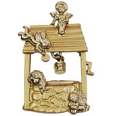 (189) Gold-tone Angel Wishing Well Brooch Cherubs Vintage Signed