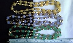 Set of 3 Icy Jade Jadeite Bead Necklaces Green Lavender Yellow Gold Tone Plate?