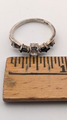 Vintage Sterling Silver Ring Oval Glass Dark Marquise Side Stones Size 8.25