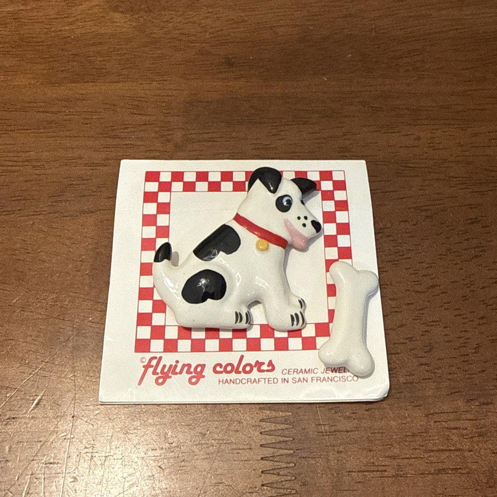 Vintage Flying Colors Ceramic Spotted Dog & Bone Pin