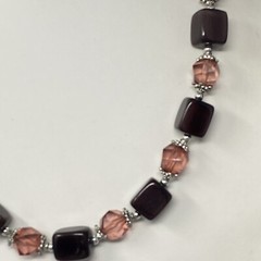 Glass Bead Necklace Mauve Square Cube Acrylic Faceted Spacer Silver Tone Caps 21