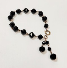 Vtg Black Crystal Glass Beads 2 Pr Earrings Bracelet & Necklace Goth Victorian