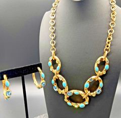 RJ Graziano Vintage Turquoise Blue Topaz Crystal Gold Tone Necklace Hoop Earring