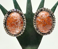 Vintge Signed Haskell Lg Oval Faux Coral Cab w/Rhinestone Border Clip Earrings