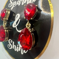 Vintage Red Rhinestone Teardrop Dangle Earrings 1.5″ NOS Gold Drop Post Bold New