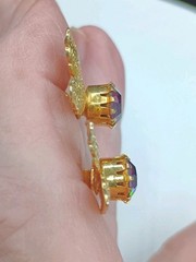 Vintage Purple Rhinestone Clip Earrings Gold Tone Fairy Bug Wings Repousse 3/4″
