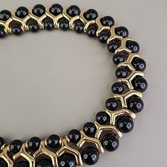 Vintage Beaded Necklace Black Gold Tone Collar Choker SHORT 14.5″