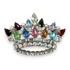 Vintage Signed B David Multicolor Rhinestone Faux Pearl Crown Brooch Pin 1960s