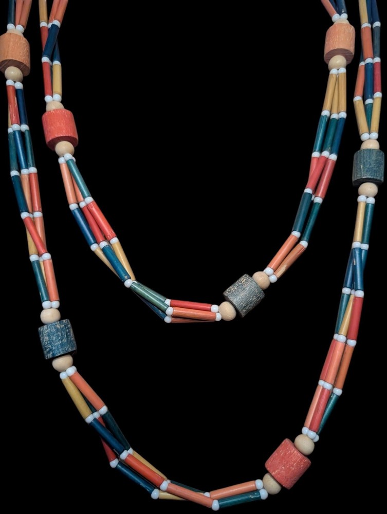 Vintage Multi-Strand Colorful Wood Bead Layered Statement Necklace Boho 70s…