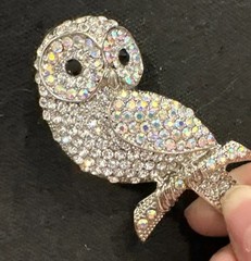 VTG OPC SIGNED AURORA BOREALIS RHINESTONE OWL BIRD BROOCH PIN PENDANT
