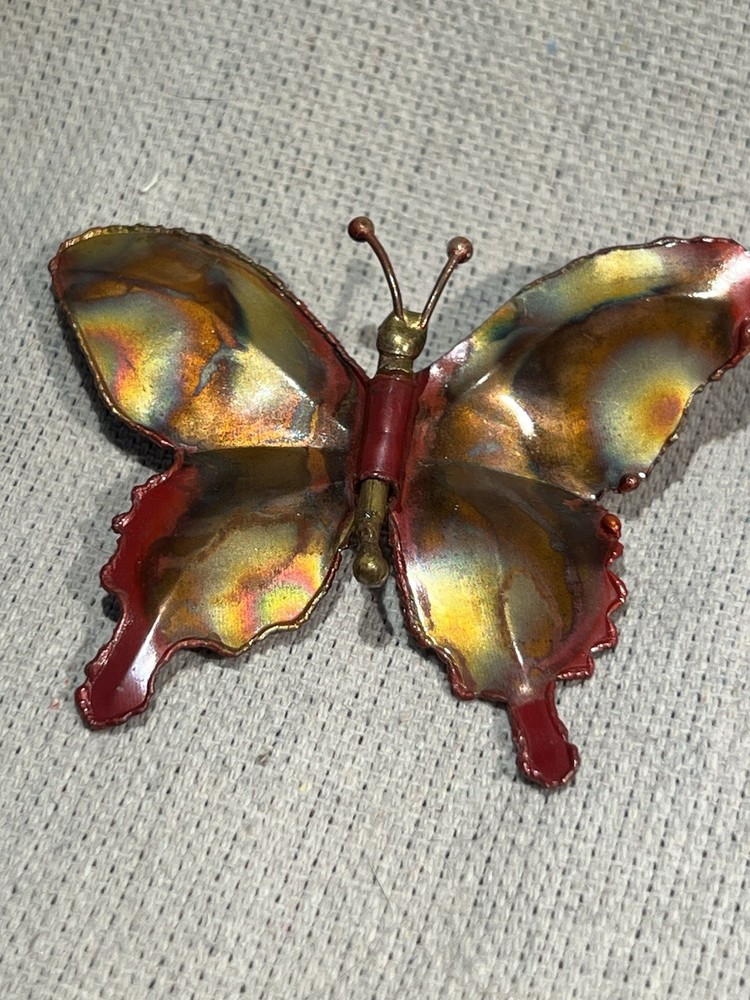 VTG Butterfly Pin Brooch Brutalist Iridescent Red Copper Artist Signed