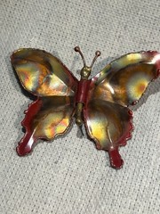 VTG Butterfly Pin Brooch Brutalist Iridescent Red Copper Artist Signed